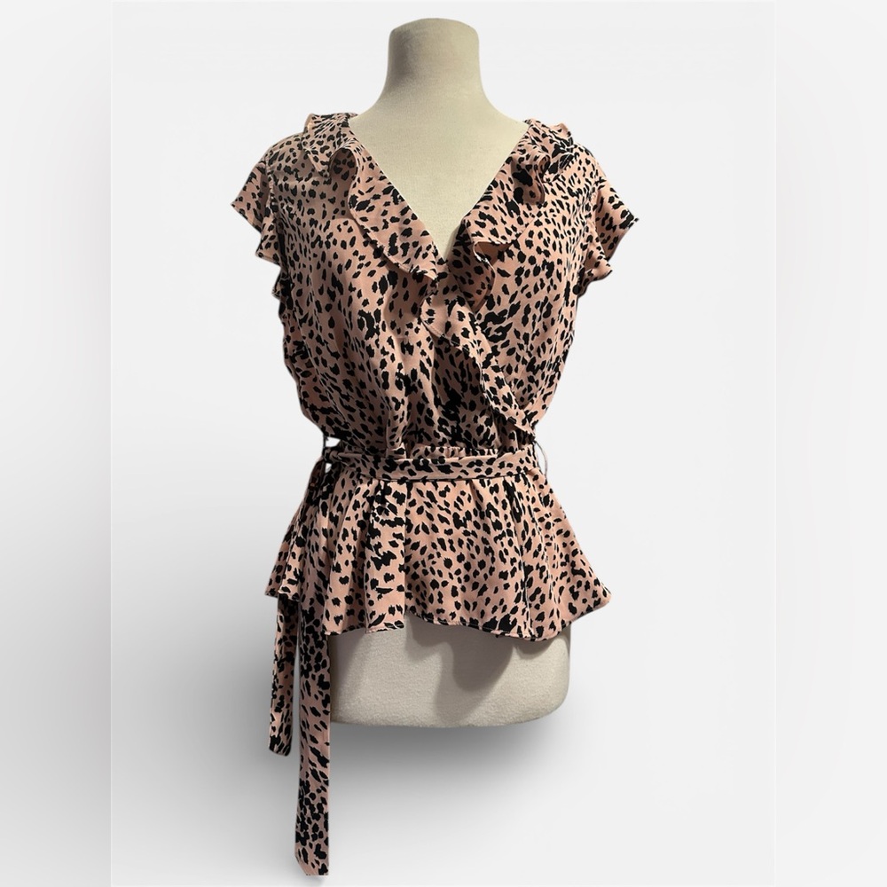 Aqua Pink and Black Animal Print Ruffle Blouse
